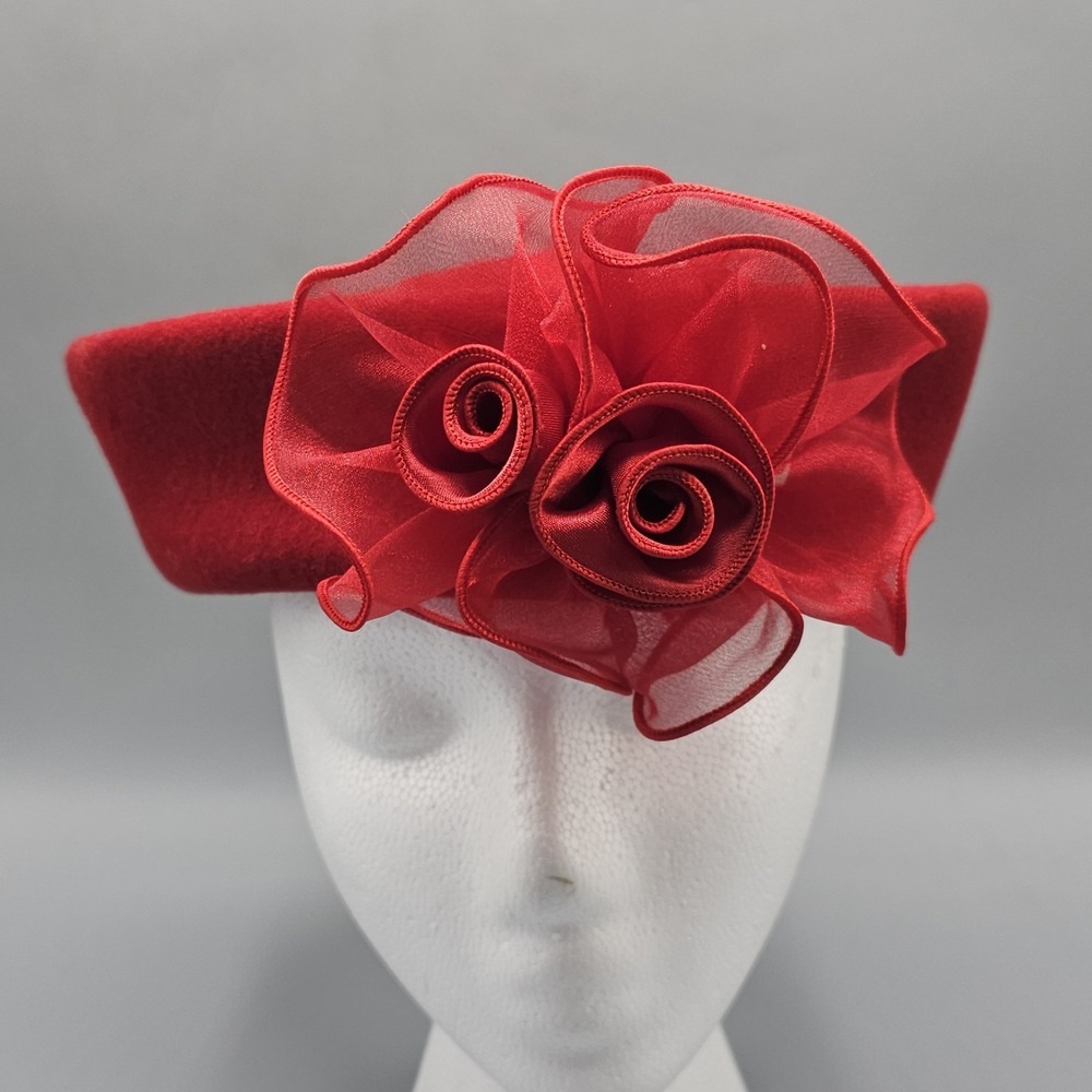 Vintage Church Derby Fascinator Hat VTG Red Wool Netting Feathers One Size S/M